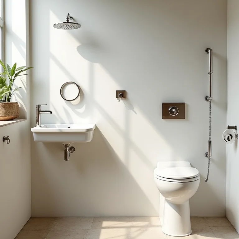 Detalhes de banheiro acessível: barras de apoio, ducha ajustável e assento elevado.