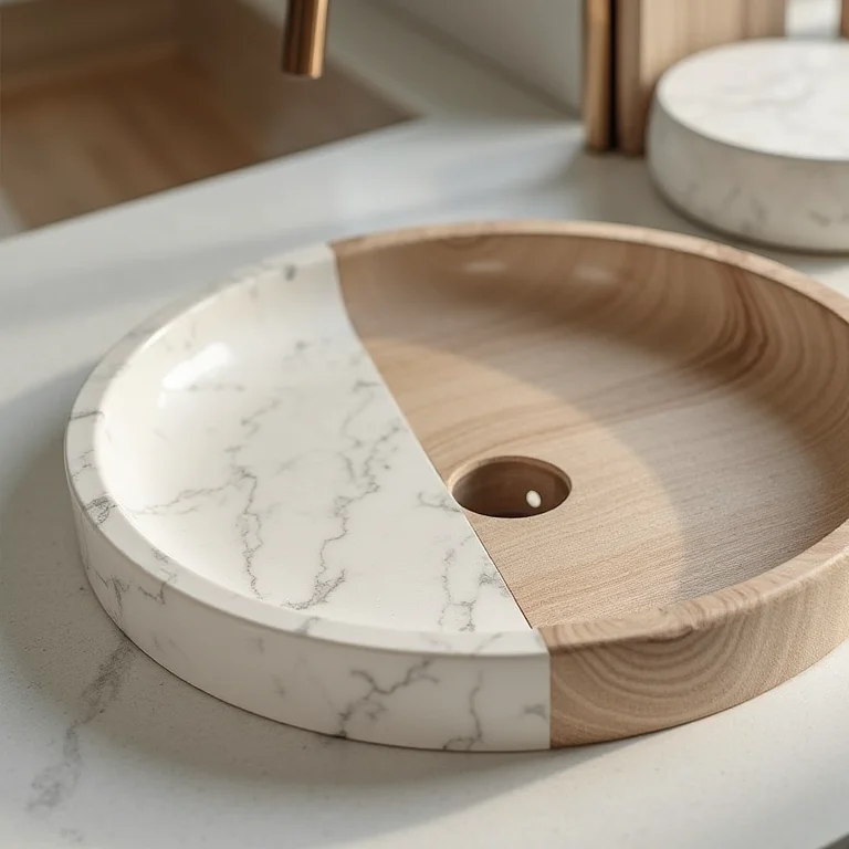 Detalhes de materiais e acabamentos de cubas de apoio.