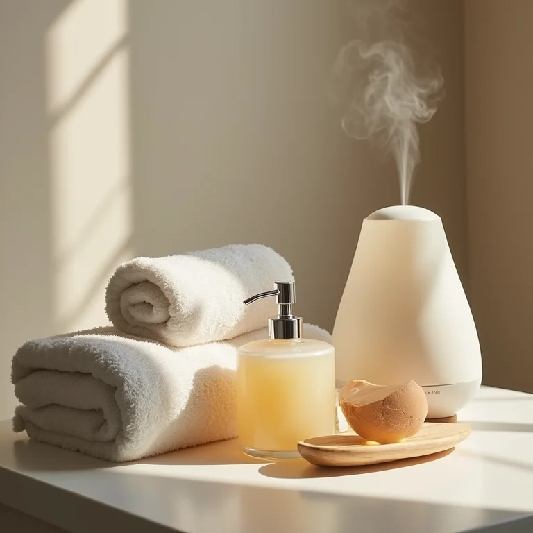 Detalhes de um banheiro químico de luxo: sabonete premium, toalhas macias e difusor de aromas