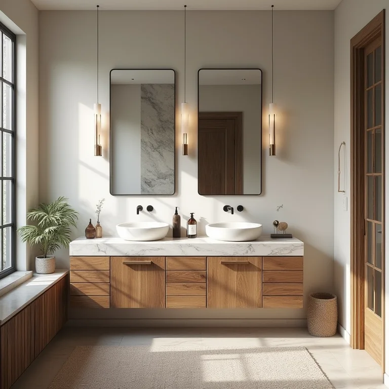 Diferentes estilos de gabinetes de banheiro em um mesmo ambiente