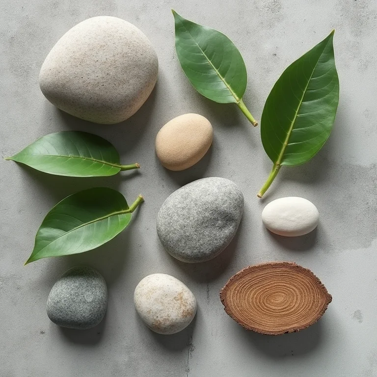 Elementos naturais como pedras, plantas e madeira em um banheiro moderno