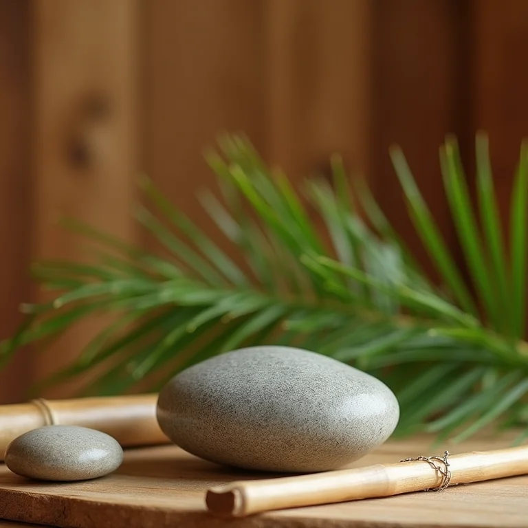 Elementos naturais em um banheiro: pedra, bambu e plantas