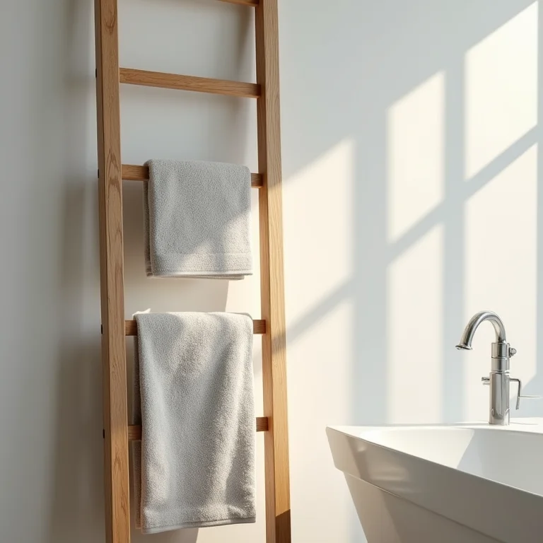Escada de madeira usada como toalheiro e porta-revistas em banheiro.