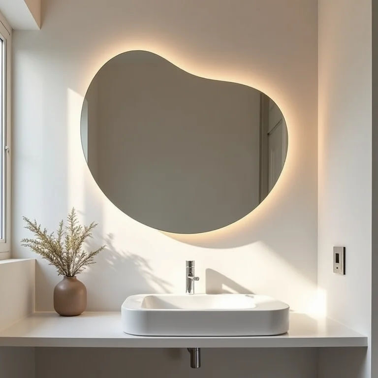 Espelho com formato inusitado em um lavabo pequeno.