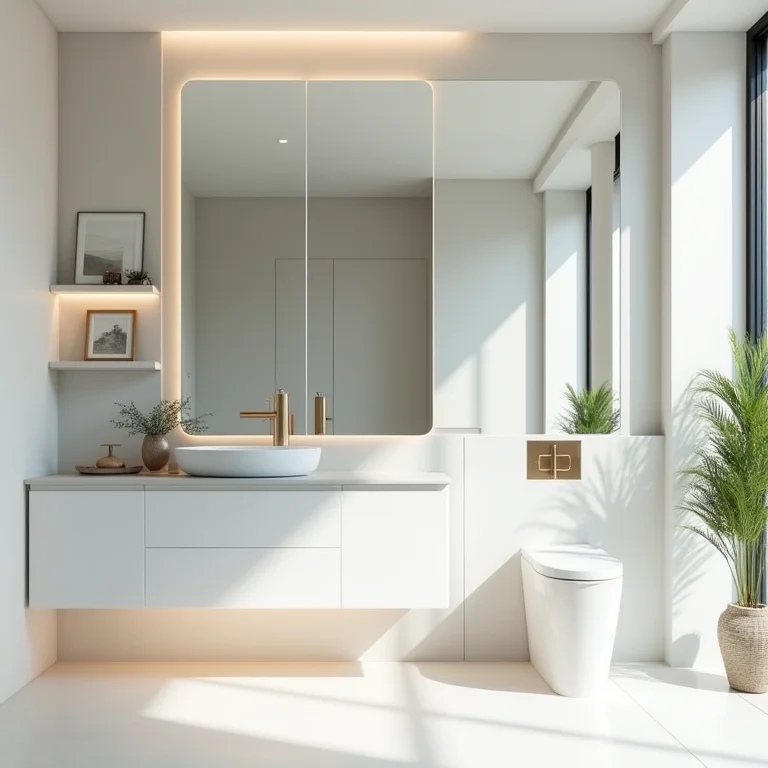 Espelho grande sem moldura ampliando um lavabo pequeno.