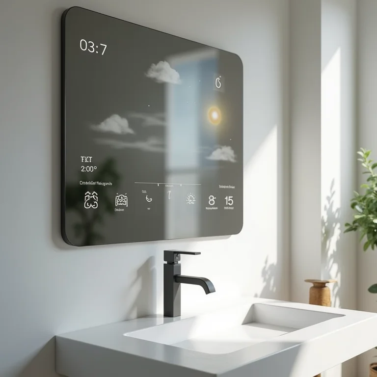 Espelho inteligente e torneira touchless em banheiro moderno
