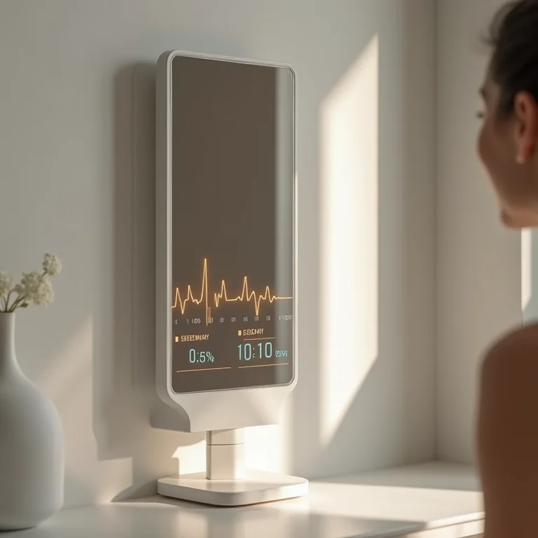 Espelho inteligente exibindo dados de saúde e análise da pele