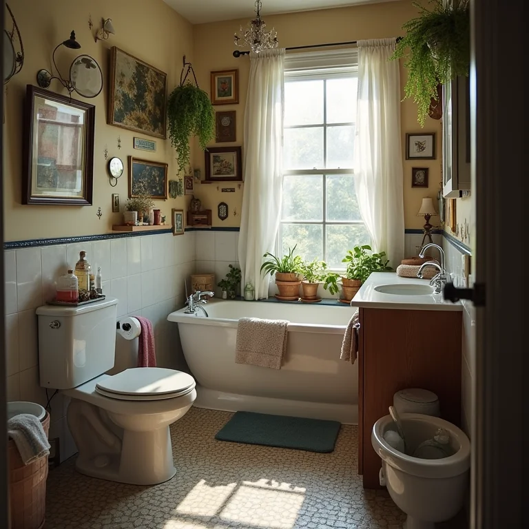 Excesso de acessórios e decorações em banheiro pequeno