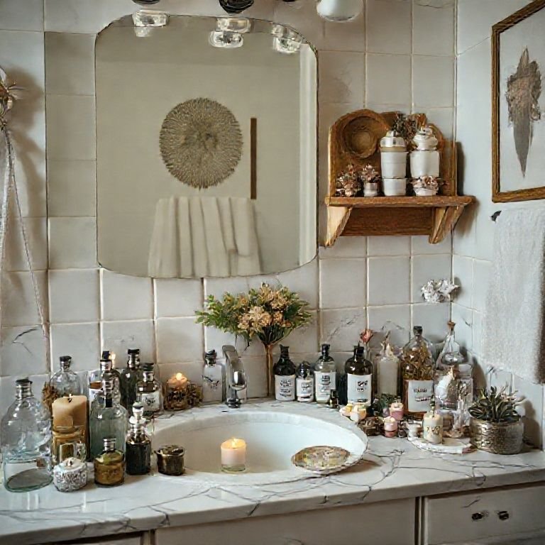 Excesso de objetos decorativos em um banheiro pequeno