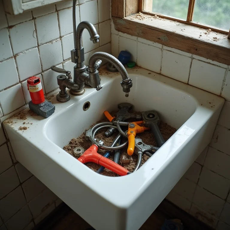 Ferramentas de encanamento em uma pia de banheiro parcialmente desmontada