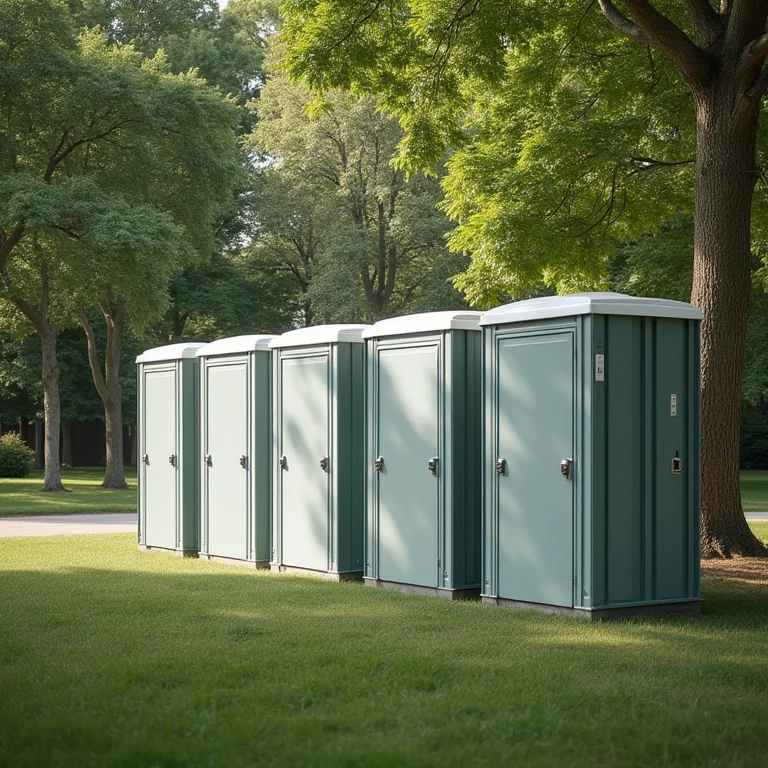 Fileira de banheiros químicos convencionais em parque