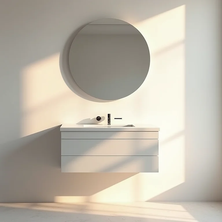 Gabinete com espelho redondo em banheiro minimalista