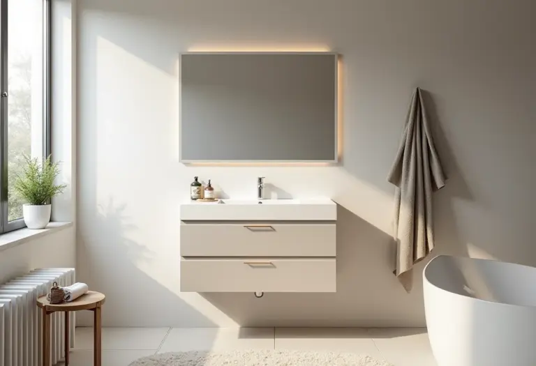 Gabinete de banheiro 70x40 moderno em banheiro clean e iluminado