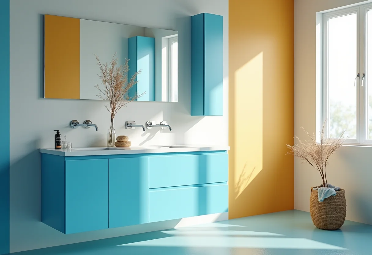 Gabinete de banheiro azul em um banheiro moderno e colorido