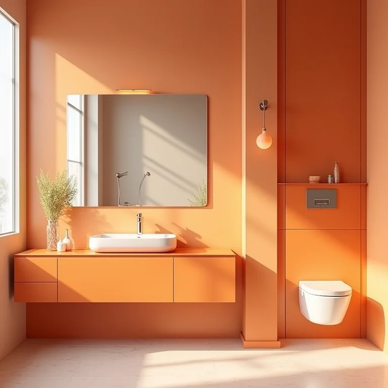 Gabinete de banheiro laranja em um banheiro com detalhes geométricos