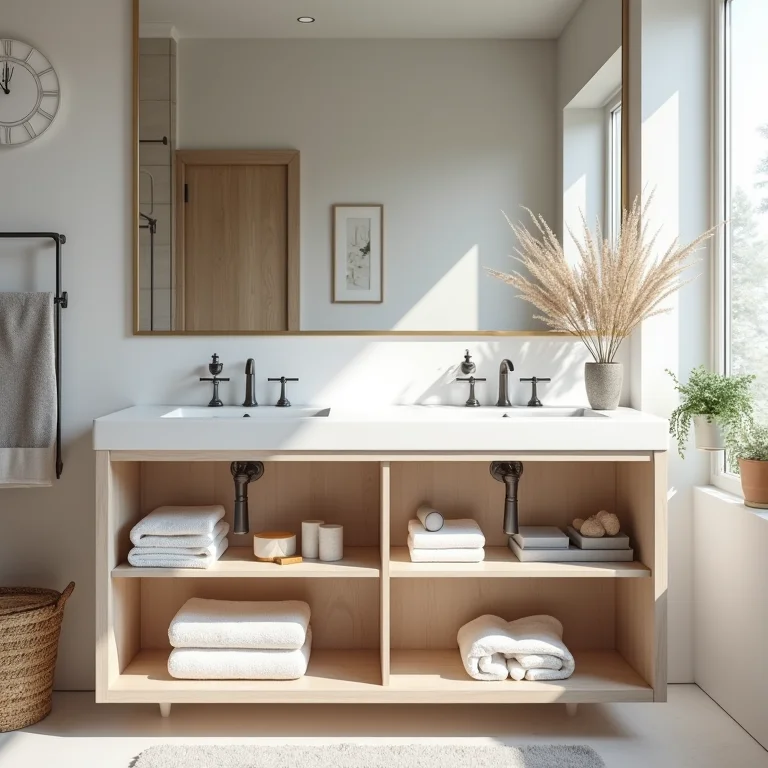 Gabinete de banheiro organizado com soluções de armazenamento