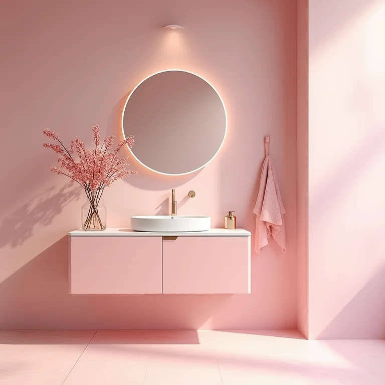 Gabinete de banheiro rosa em um banheiro com detalhes femininos