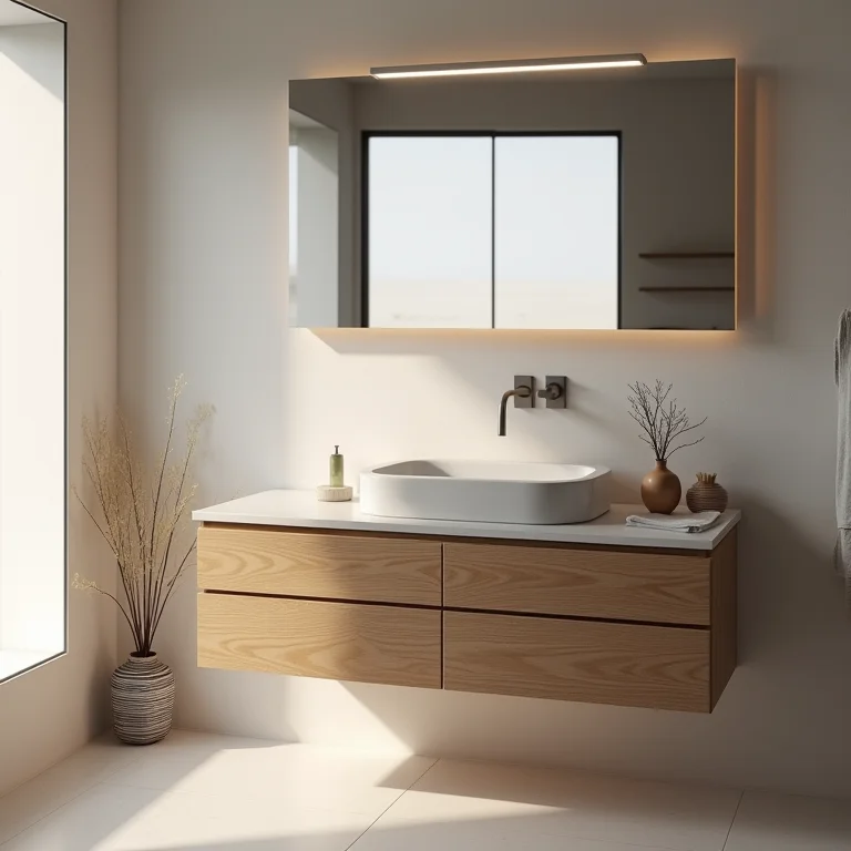 Gabinete suspenso de madeira clara em banheiro moderno