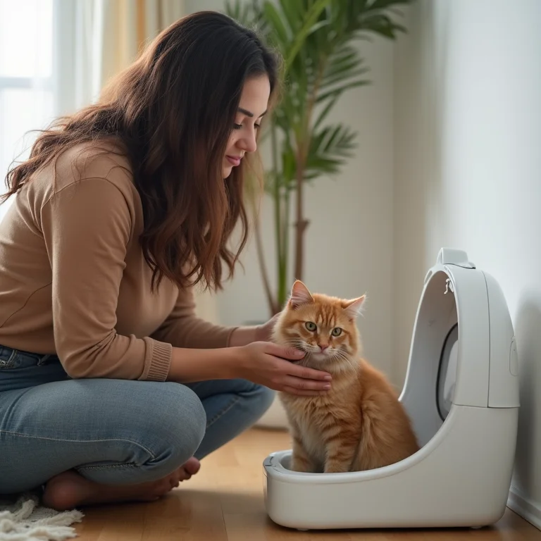 Gato confortável usando banheiro automático