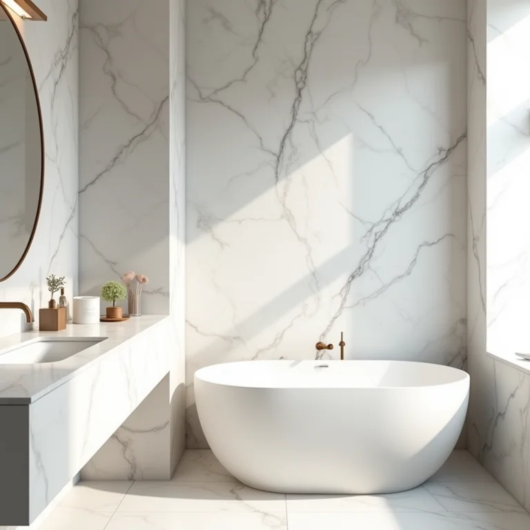 Ideias criativas para usar mármore no banheiro: paredes, bancada e banheira.