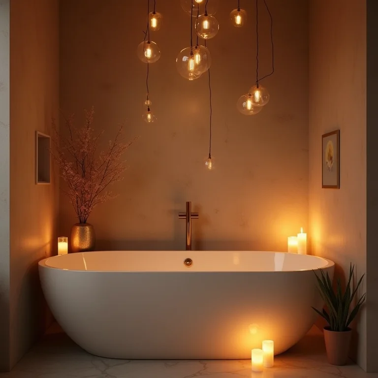 Iluminação aconchegante em banheiro com velas e luzes.