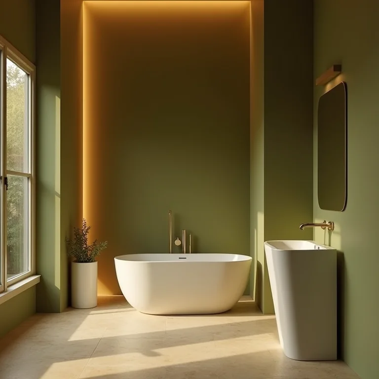 Iluminação aconchegante em banheiro verde oliva