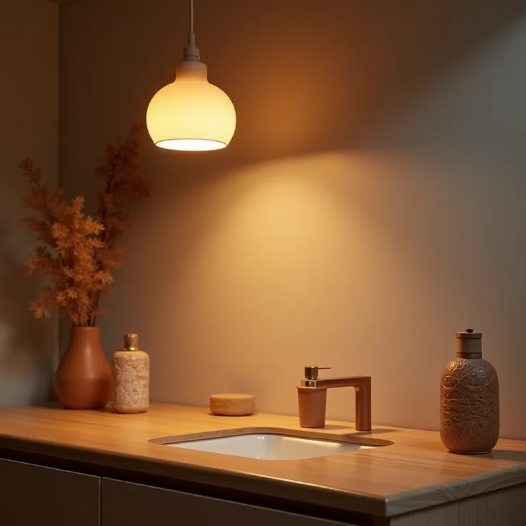 Iluminação aconchegante para banheiro rústico moderno.