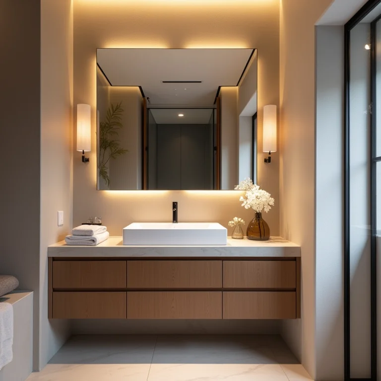 Iluminação em camadas em um banheiro moderno