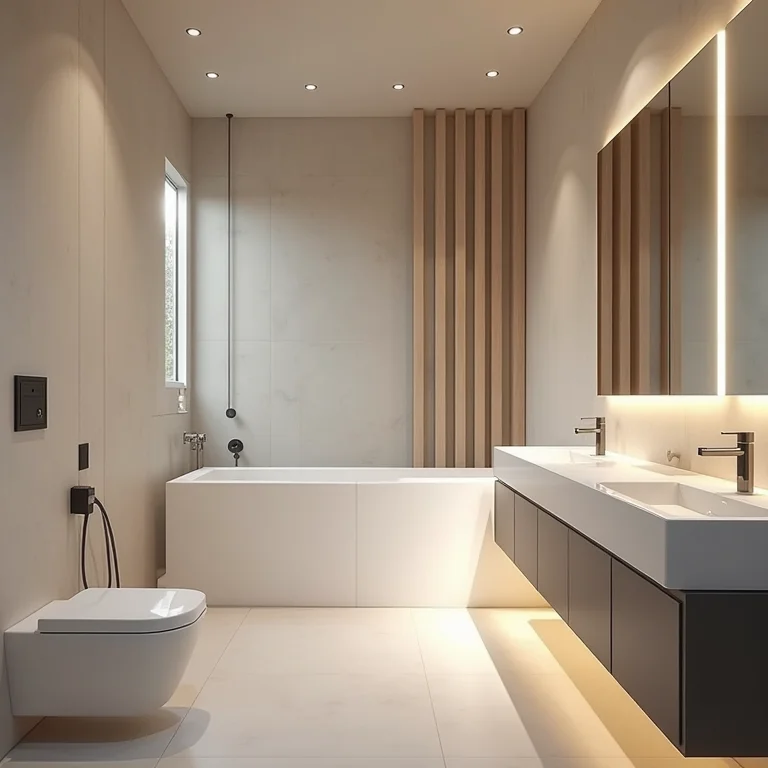 Iluminação estratégica valorizando detalhes arquitetônicos em banheiro moderno