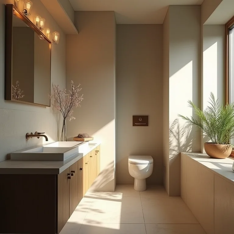 Iluminação inadequada em um banheiro, criando sombras duras e uma atmosfera pouco convidativa.