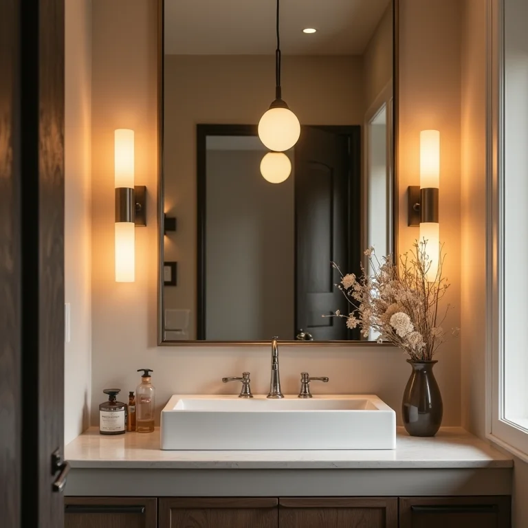 Iluminação inteligente em banheiro verde claro: múltiplas fontes de luz.