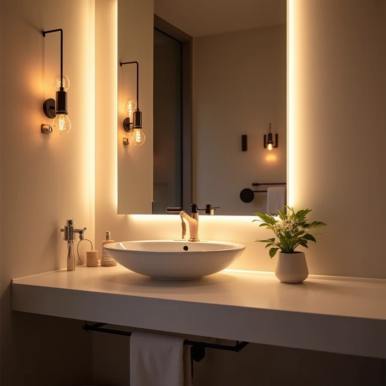 Iluminação lateral e fitas de LED em banheiro