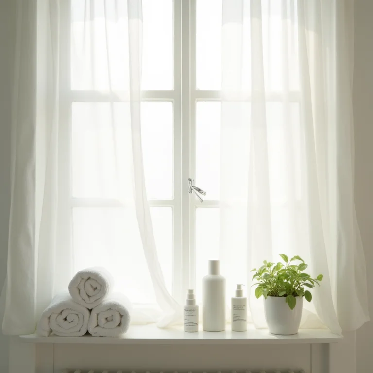 Iluminação natural em banheiro com toalhas brancas e plantas