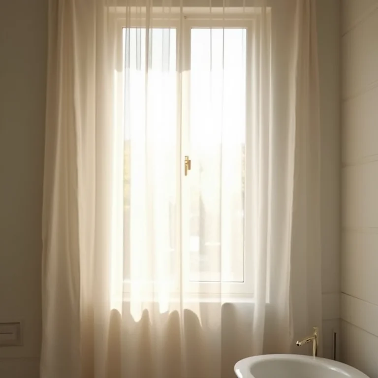 Iluminação natural suave em um banheiro através de cortinas translúcidas.