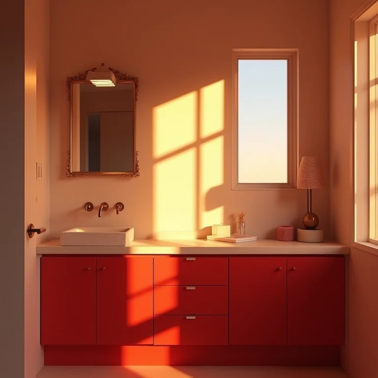 Iluminação natural suave em um banheiro vermelho