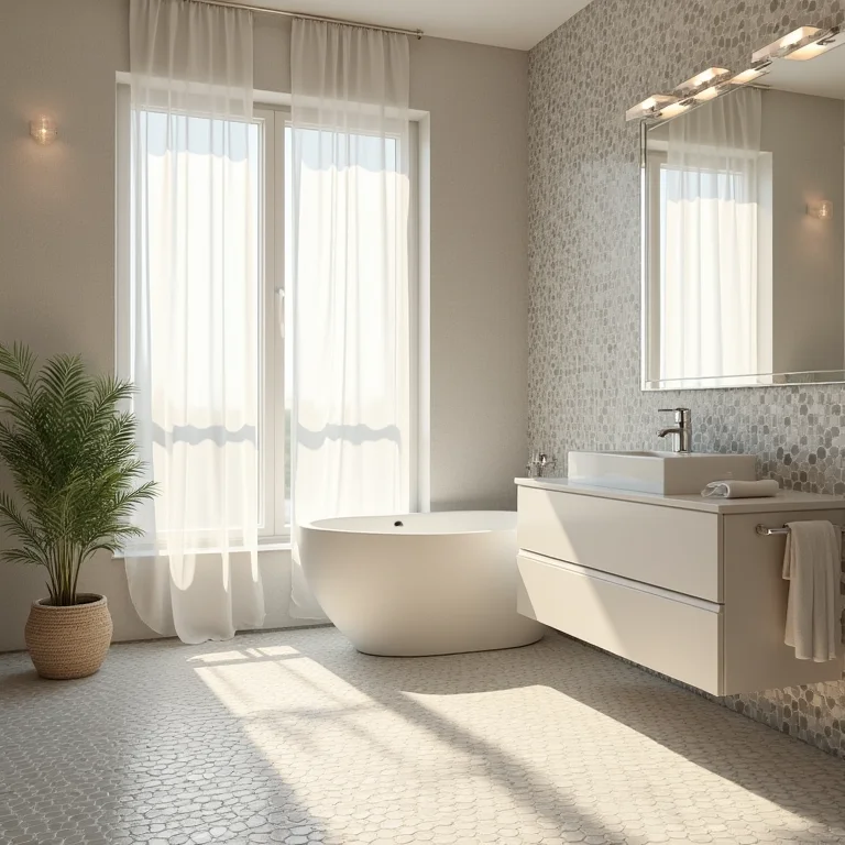 Iluminação natural valorizando cores em banheiro com pastilhas