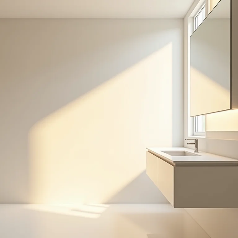 Iluminação suave e espelhos em um banheiro branco.