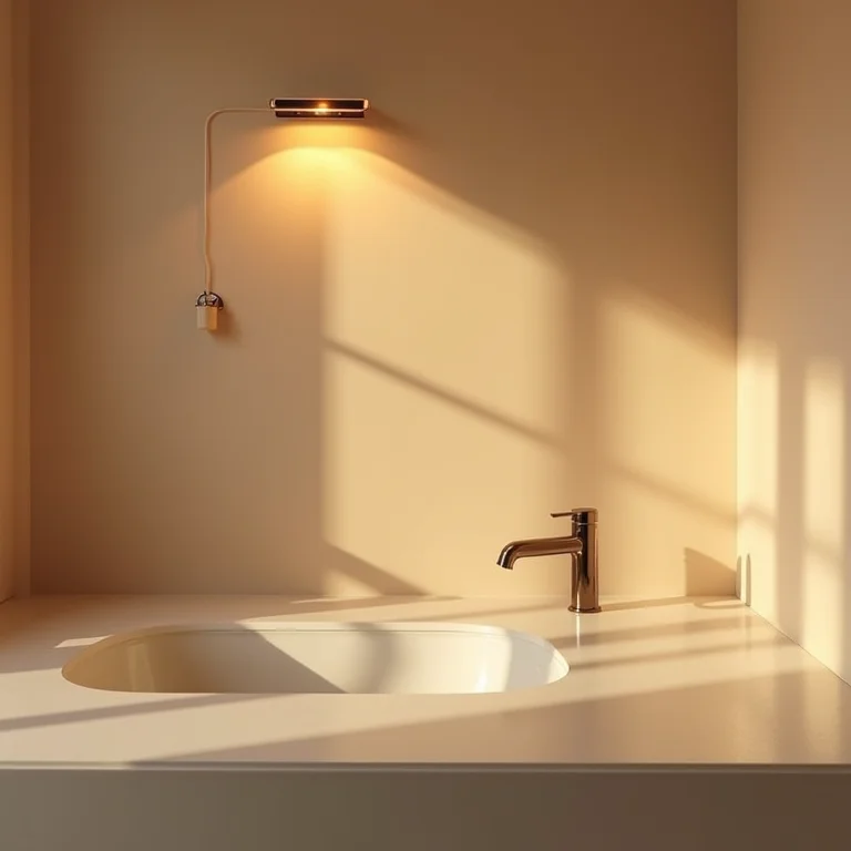 Iluminação suave em um banheiro bege.