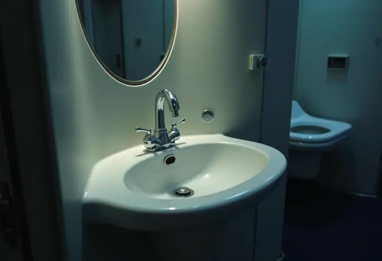 Imagem conceitual de um banheiro de avião sujo, representando germes e descuidos na limpeza.