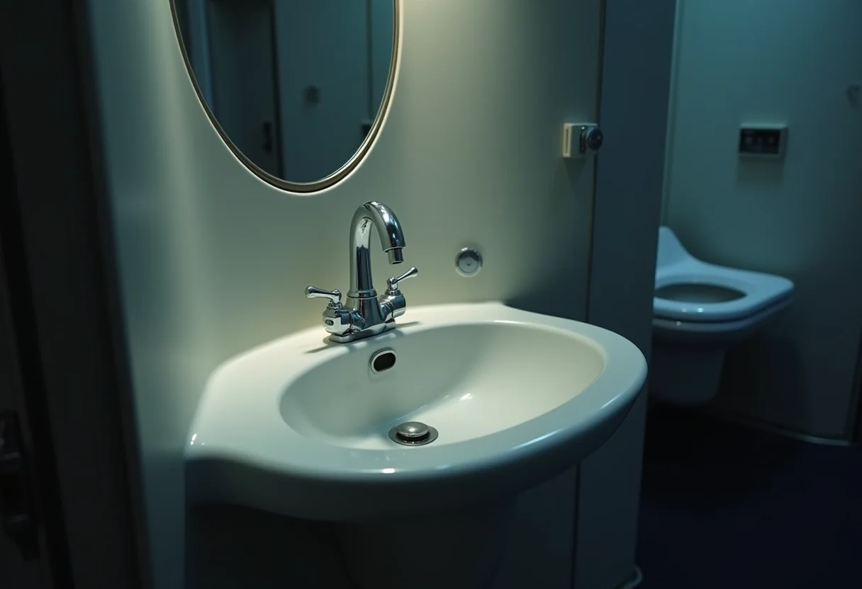 Imagem conceitual de um banheiro de avião sujo, representando germes e descuidos na limpeza.