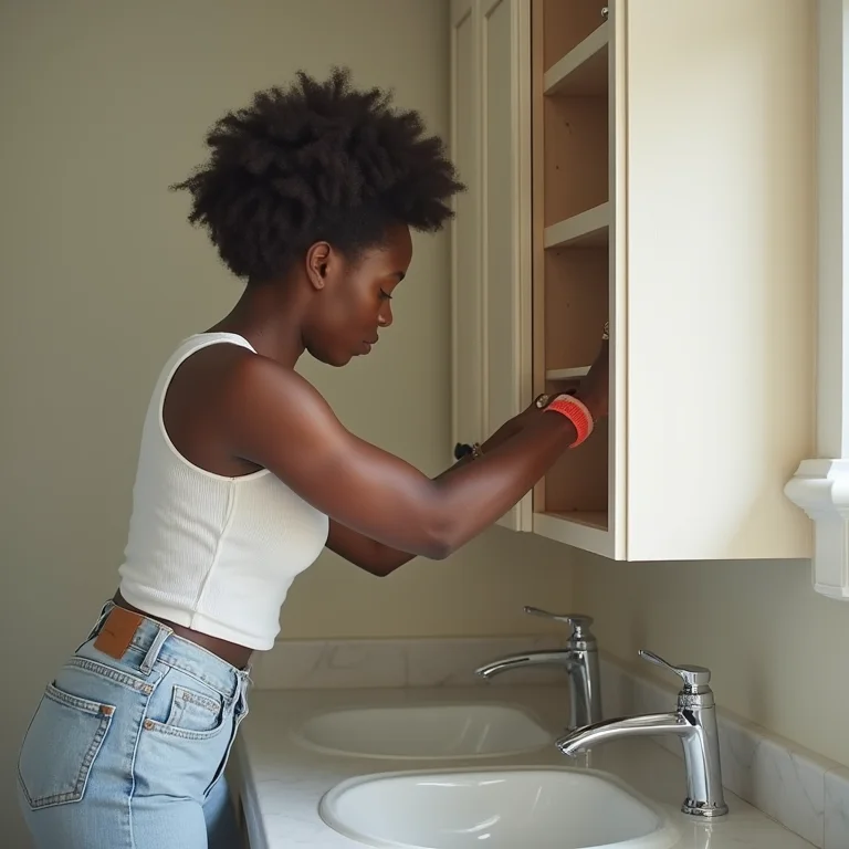 Instalação de um gabinete de banheiro por uma mulher