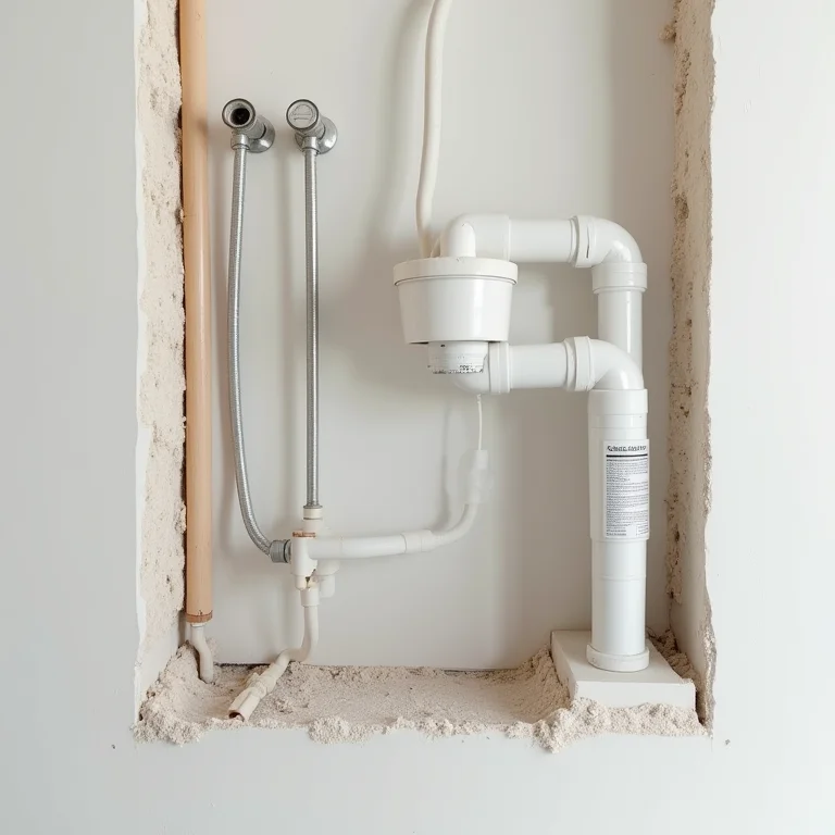 Instalações hidráulicas e elétricas expostas em um banheiro em reforma