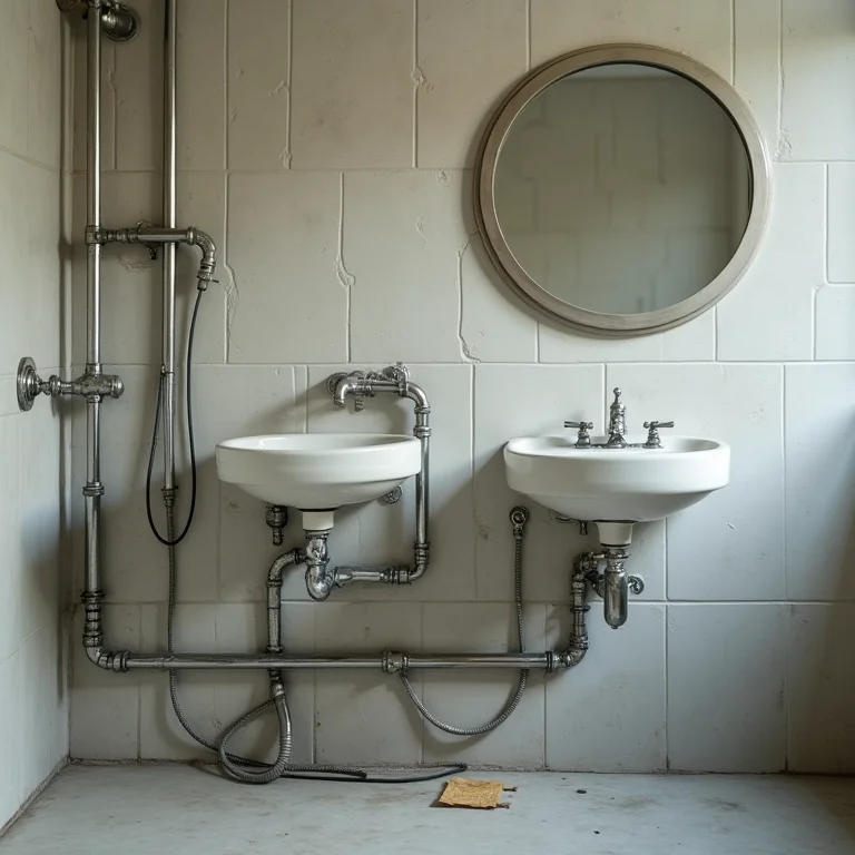 Instalações hidráulicas e elétricas mal feitas em um banheiro.