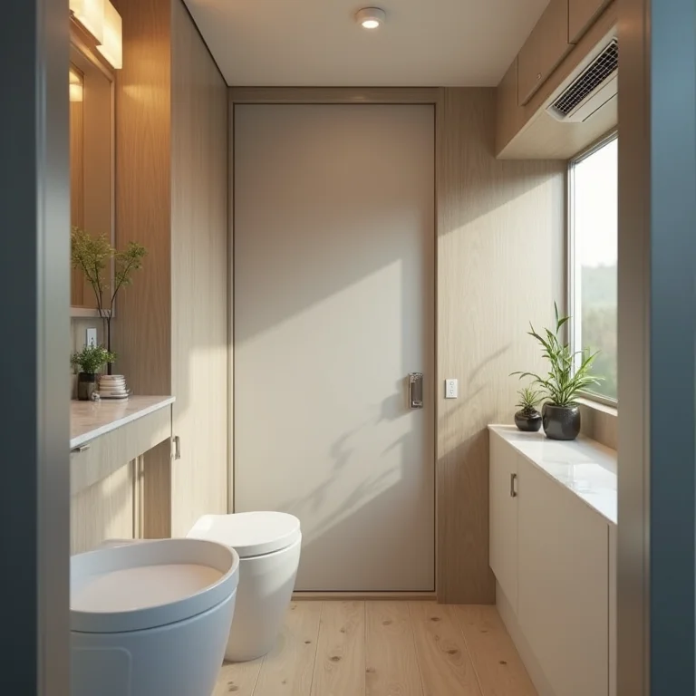 Interior de um banheiro químico de luxo, com espelho e pia.