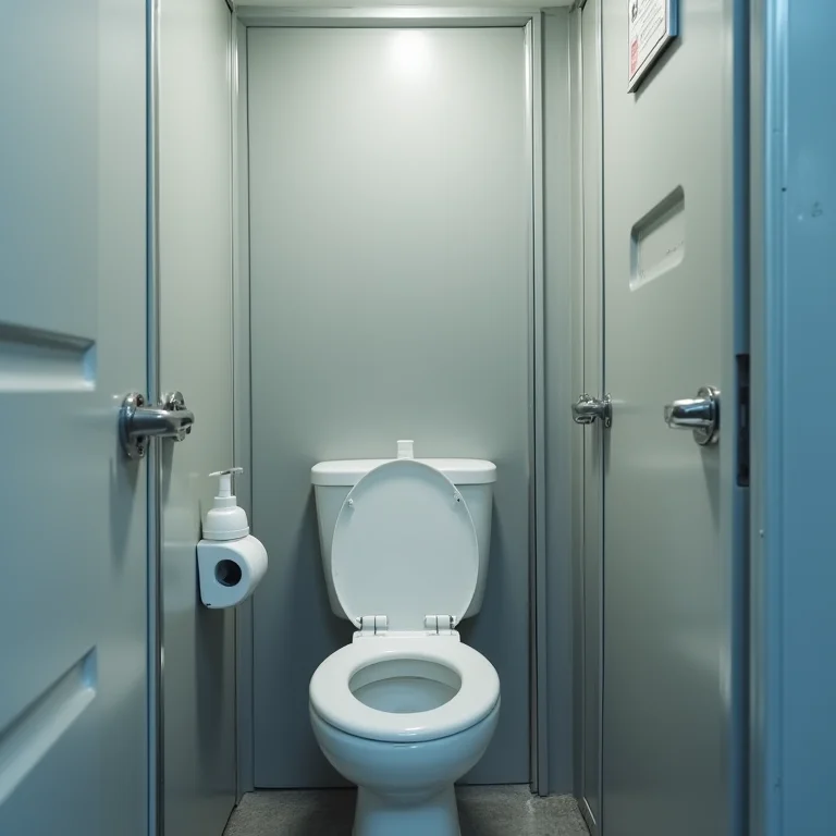 Interior de um banheiro químico padrão, limpo e funcional.