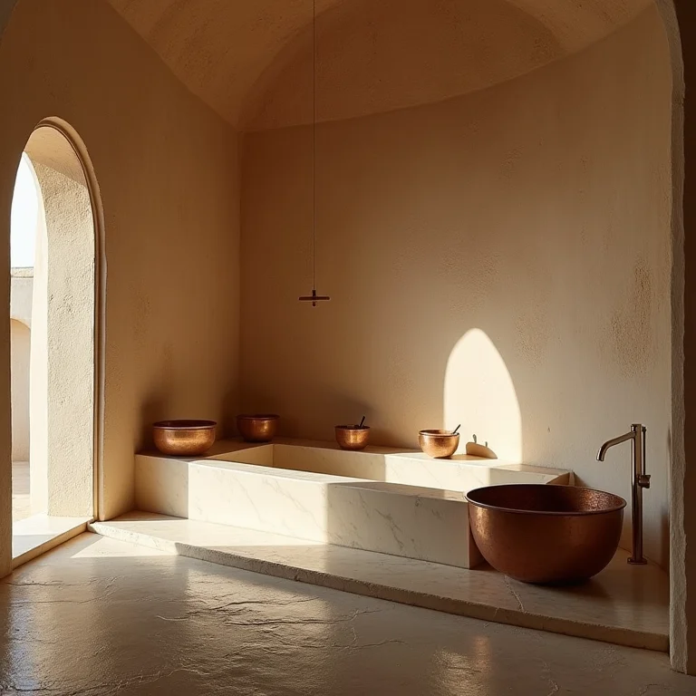 Interior de um hamam turco com bacia de mármore e utensílios de cobre