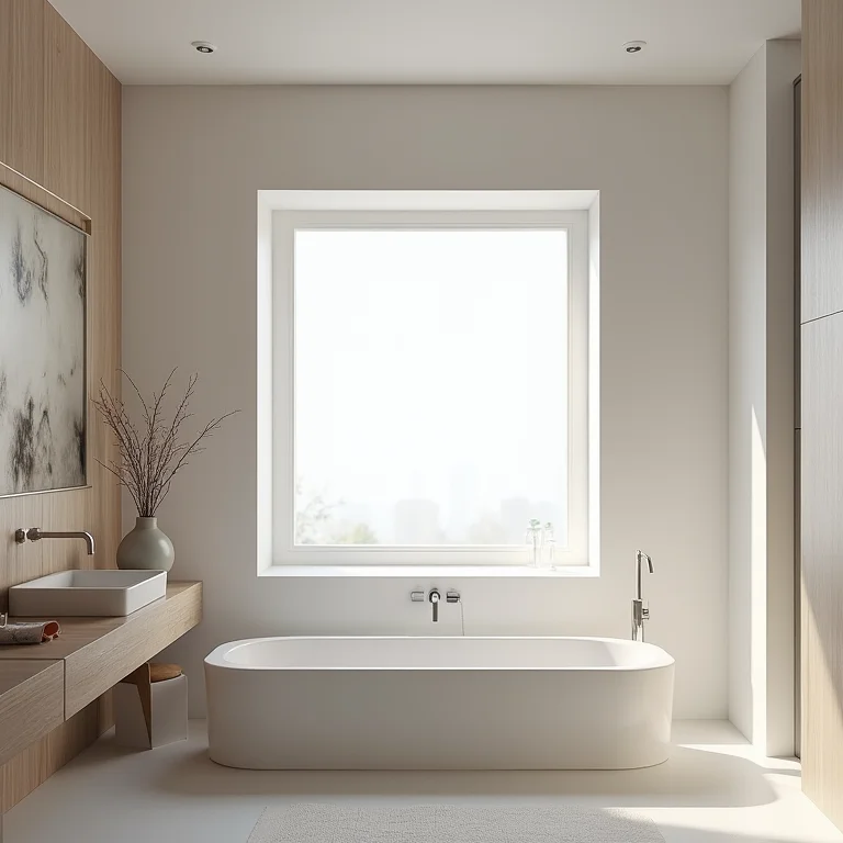 Janela 50x50 integrada ao design moderno de um banheiro.