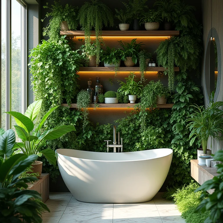 Jardim vertical exuberante em banheiro boho