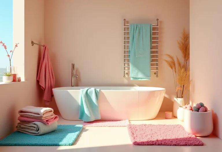 Jogo de banheiro colorido com toalhas e acessórios vibrantes