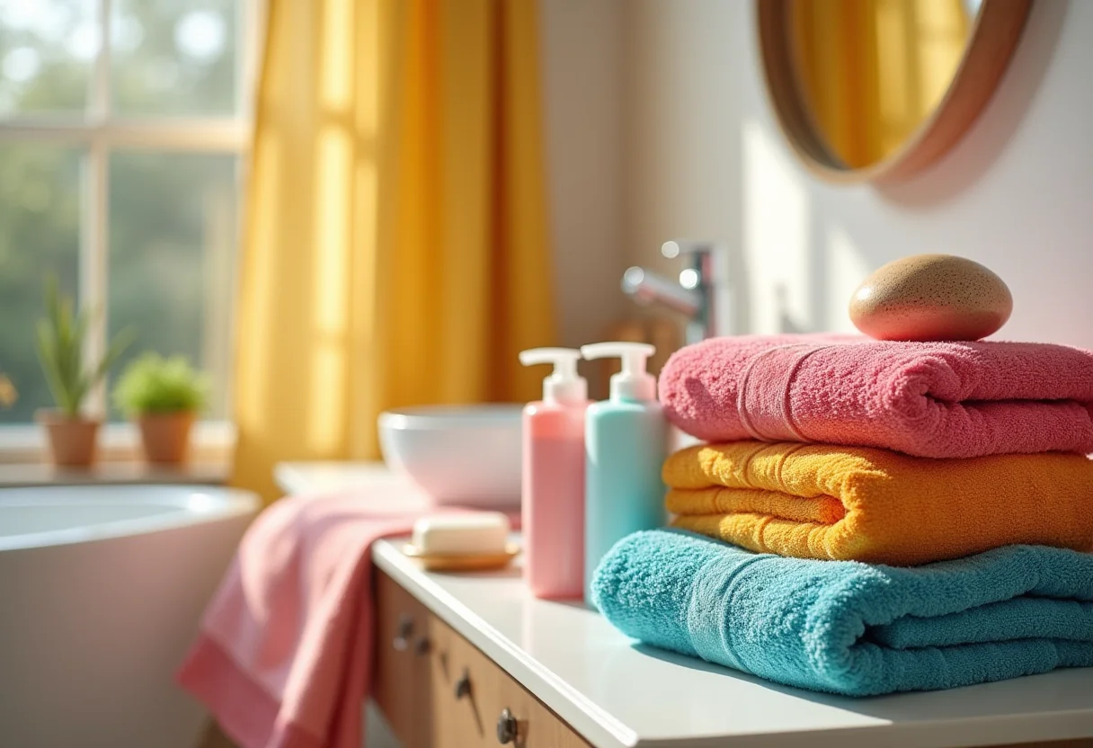 Kit de banheiro colorido com acessórios vibrantes